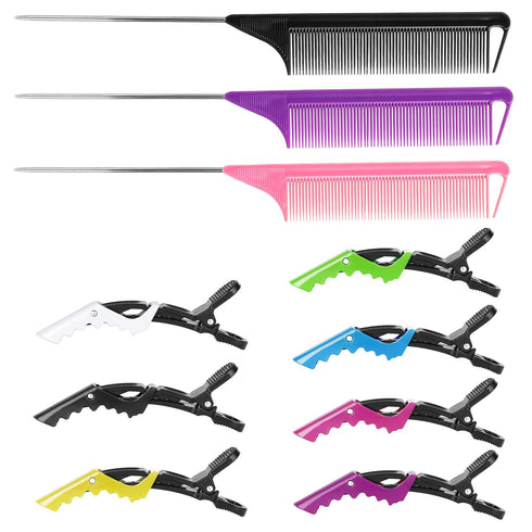 Rat Tail and Parting Combs with 3 Metal Teasing Combs and 7 Professional Sectioning Hair Clips