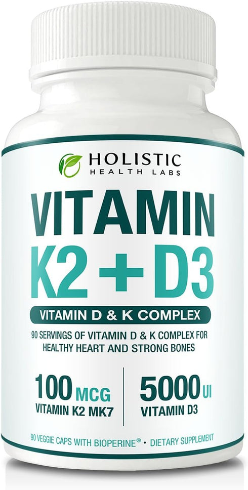 Max Absorption Vitamin K2 + D3 (5000IU) 90 Veggie Capsules from MK-7 and Cholecalciferol for Healthy Heart and Strong
