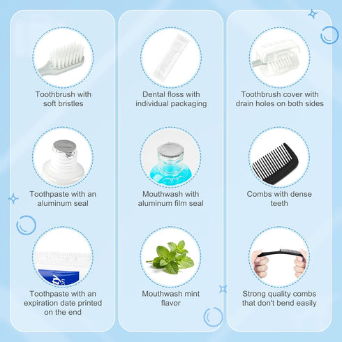 Set, Packaged, (4-Pack) Travel Toothbrush Kit Bulk, Hygiene Kit Bulk with Toothbrush Toothpaste Floss Picks, Comb