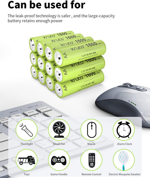 Kruta Ni-MH AA Rechargeable Batteries, Double A 1600mAh High Capacity 1.2V Pre-Charged for Garden Landscaping Outdoor Solar Lights, String Lights, Pathway Lights (AA-1600mAh-12 Pack)