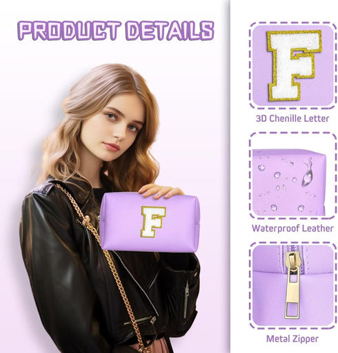 Personalized Birthday Gifts for Women, Preppy Patch Makeup Bag, Travel Organizer, Purple L