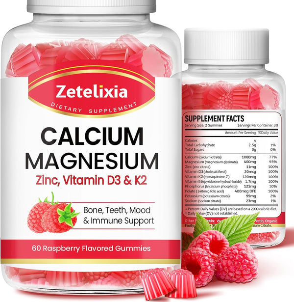 Sugar Free Calcium Gummies for Women Men, Raspberry Flavor, Calcium Magnesium Zinc with Vitamin D3 & K2 - 120 Count