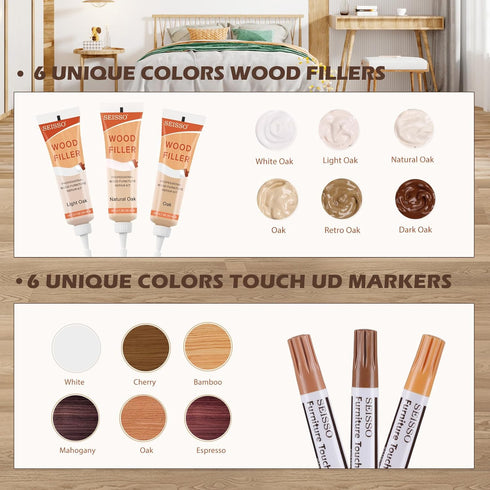 SEISSO Wood Furniture Repair Kit for Hardwood Floors, Touch Up Markers, Wood Fillers, Putty for Holes, Scratches, Cracks