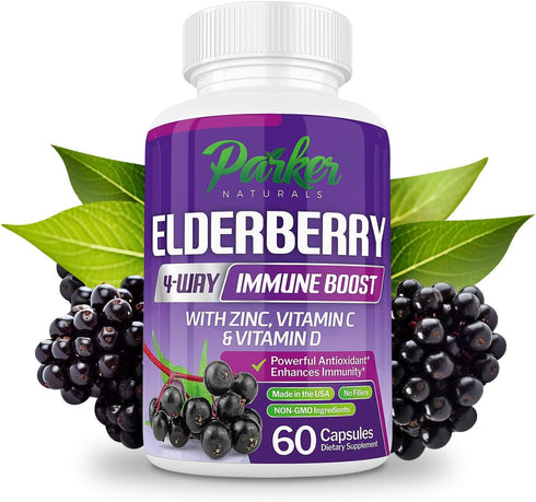 Organic Elderberry Capsules - 4-Way Immune Boost, Vitamins C, D, Zinc Support, 60 Capsules