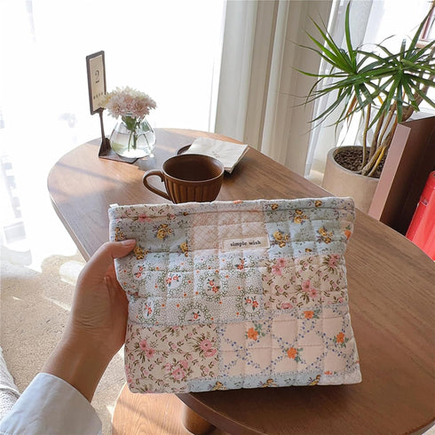 Floral Makeup Bag, Large Cotton Quilted Cosmetic Organizer, Aesthetic Portable Pouch for Women Girls Travel Accessories