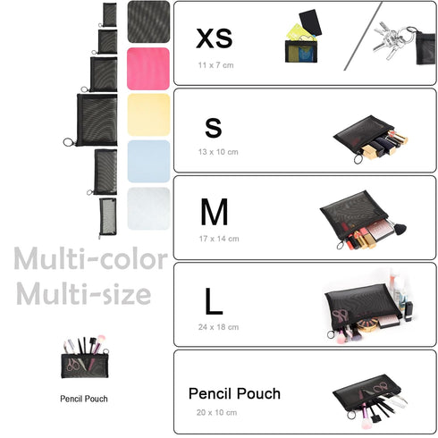 patu Zipper Mesh Bags, Long Case, 5 Pieces, Black Travel Toiletry Kit Set, Beauty Makeup Cosmetic Accessories Organizer