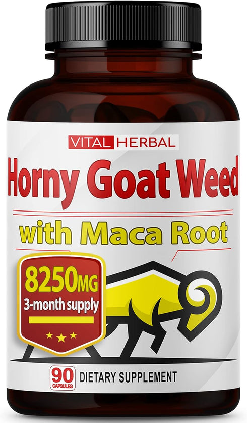 VITAL HERBAL Horny Goat Weed Capsules, Equivalent to 8250mg, Maximum Strength with Maca Root, 90 Count