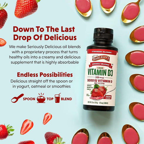 Pack 2 D3 5000 5.6 oz Barlean's of Vitamin Liquid Supplement for Kids and Adults, IU Vitamin D, Strawberry Milkshake