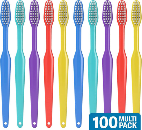 100 Pack Disposable Medium Soft Bristles Bulk Toothbrushes - Individually Wrapped (Plain)