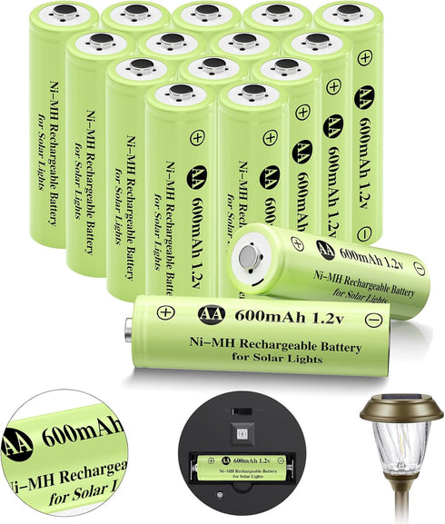 JiajaX Ni-MH Rechargeable AA Batteries, AA 600mAh 1.2V Solar Batteries for Garden Landscaping