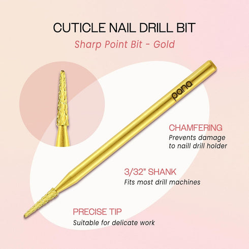 PANA 3/32" Carbide Cuticle Nail Drill Bit for Cleaning, Gel Polish & Acrylic Removal, Gold