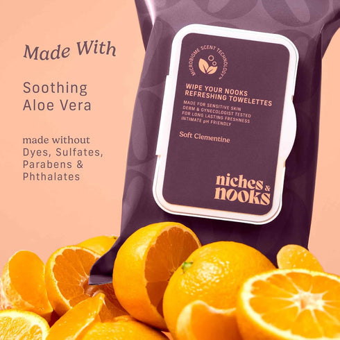 Niches & Nooks 45 pH Balanced Aloe Vera Feminine Flushable Wipes for Women with Sensitive Skin Soft Clementine Odor