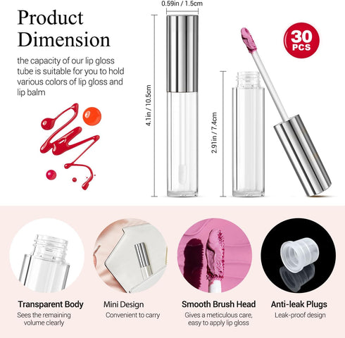 KPX 30 Pcs 10ml Clear Pink Lip Gloss Tube Containers Bulk, Refillable Lip Balm Bottles with Rubber Insert for DIY Makeup