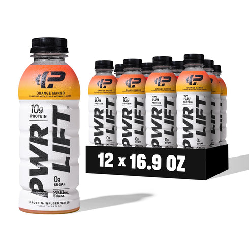Whey Protein Water Sports Drink by PWR LIFT, Orange Mango, 10g Protein, Keto, Zero Sugar, 16.9oz (Pack of 12)