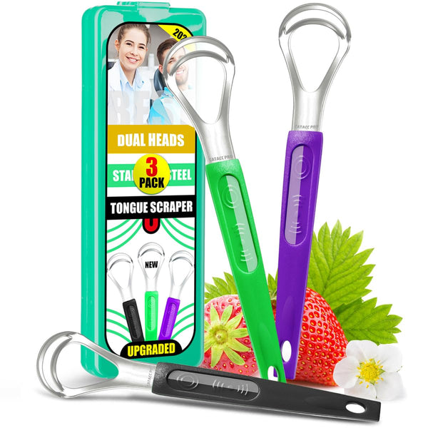 3 Pack Metal Tongue Scrapers, Stainless Steel Cleaner Scrubber for Kids Adults with Travel Case