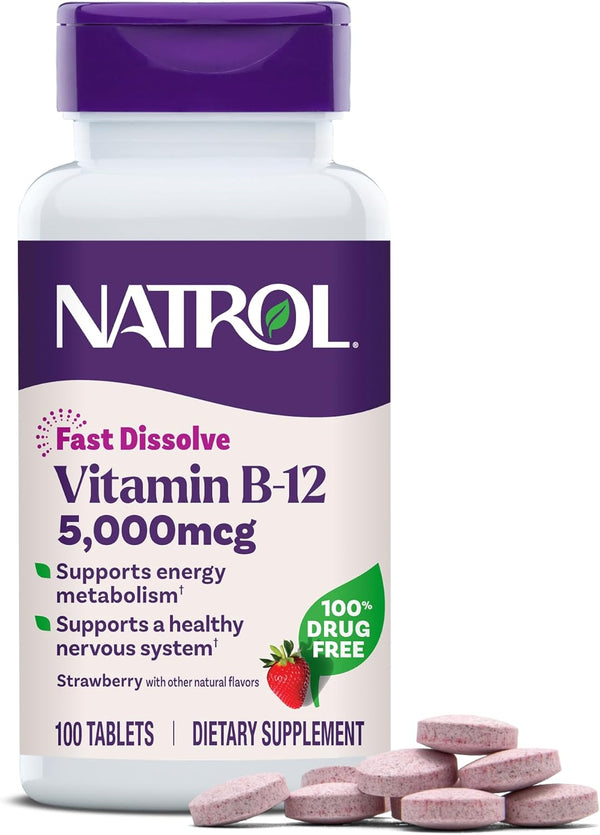 Natrol Vitamin B12 Fast Dissolve Tablets, Maximum Strength, 5,000mcg, 100 Count, Strawberry Flavor