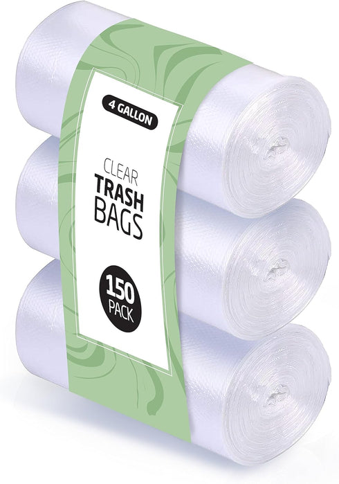 4 Gallon Trash Bags, 150 Small Mini Garbage Bags, 17" x 18" Clear Waste Basket Liners, Bulk Plastic Bathroom