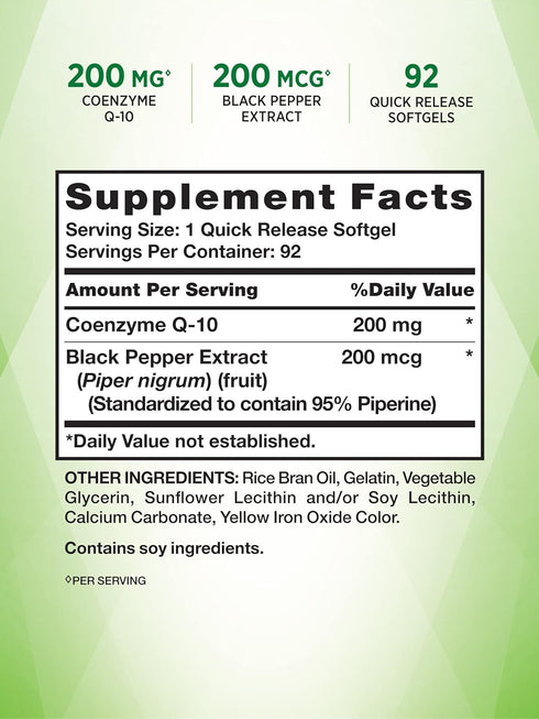 Nature's Truth CoQ10 200mg Softgels, 92 Count, Enhanced Absorption with Black Pepper Extract, Non-GMO