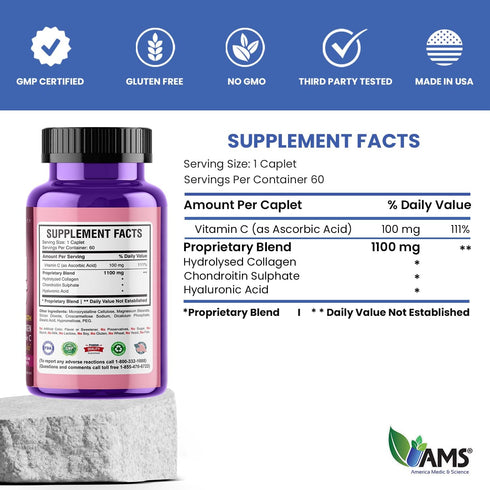 America Medic & Science Colla Caps (60 Caplets) | Collagen Supplement with Hyaluronic Acid & Vitamin C | Promotes