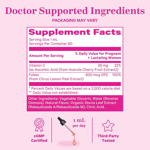 Pink Stork Liquid Folate Drops, Natural Whole-Food Methylfolate from Lemon Peel, 2 oz, Non-GMO, Prenatal