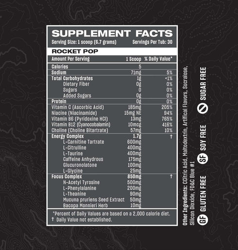 Rogue Energy Drink Powder for Long Gaming Hours, Sugar and Gluten Free, Caffeine and Vitamins, Rocket Pop, 30 Servings