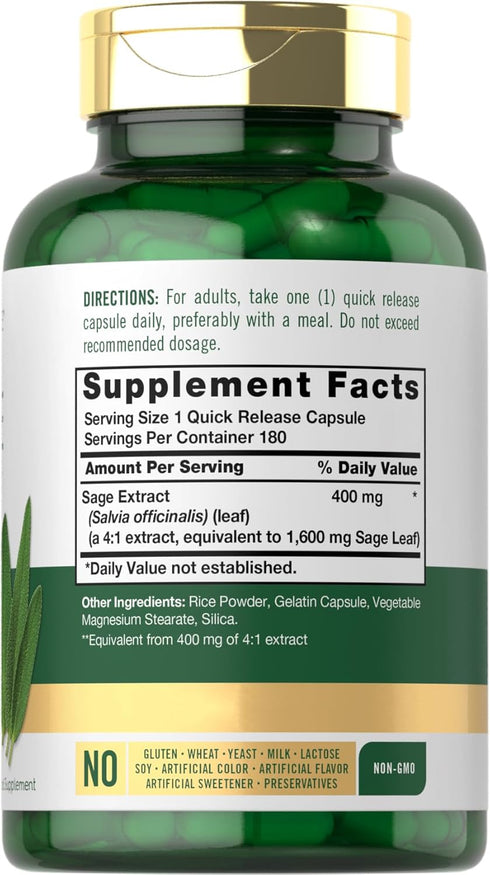 Carlyle Sage Supplement 1600mg | 180 Capsules | High Potency | Non-GMO, Gluten Free