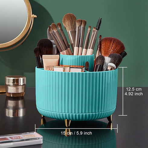 360 Rotating Makeup Brush Organizer, Blue Spinning Countertop Holder with 5 Sections for Cosmetics, Nail Polish, Art