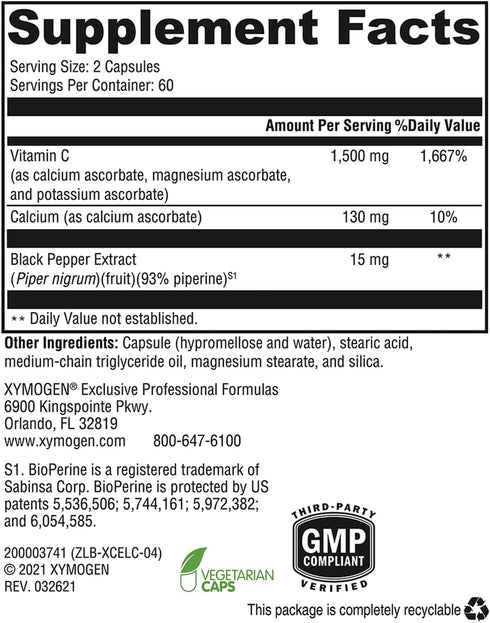 XYMOGEN Xcellent C - High Dose Vitamin C Supplement with BioPerine for Enhanced Absorption, Buffered Vitamin C (120