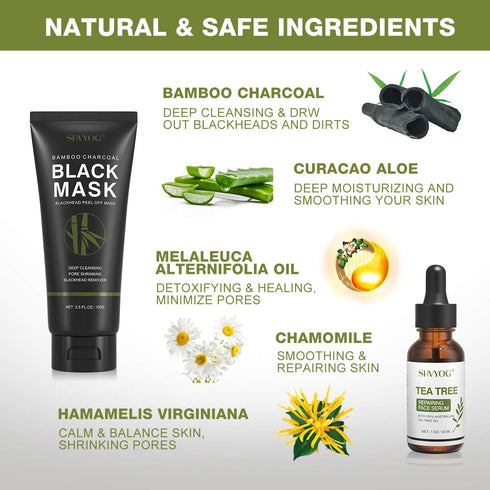 SHVYOG Blackhead Peel Off Face Mask, 3-in-1 Blackhead Remover Mask with Brush & Tea Tree Oil Serum, Charcoal Mask for Deep Cleansing Dirts, Pores, Skin Oil (100g+30ml)
