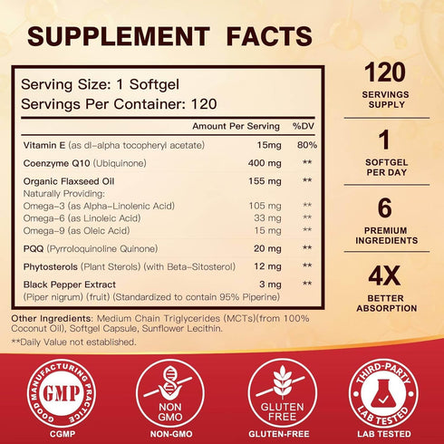 CoQ10 400mg SoftGels - Coenzyme Q10 Supplement with PQQ, Omega 3, Vitamin E for Heart & Cellular Energy, 120 Servings