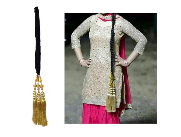 Women's Patiala Shahi Paranda/Parandi Traditional Hair Accessory, Black with Golden Color Hangings