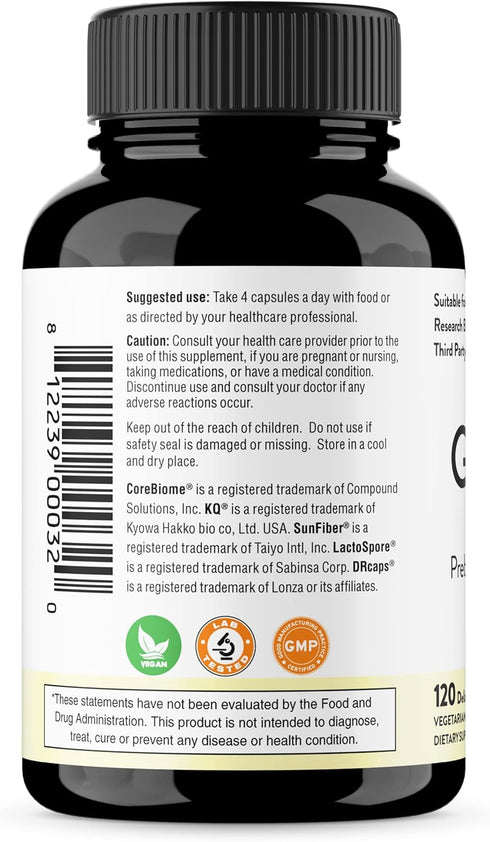 Sandhu's Gut Health - Prebiotic, Probiotic, Postbiotic & L-Glutamine | 120 Delayed Release Capsules for Digestive Health