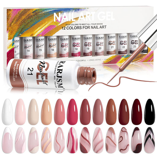 RARJSM Nail Art Gel Liner Painting Polish Set, 12 Colors Autumn Winter Collection, Soak Off Curing Required