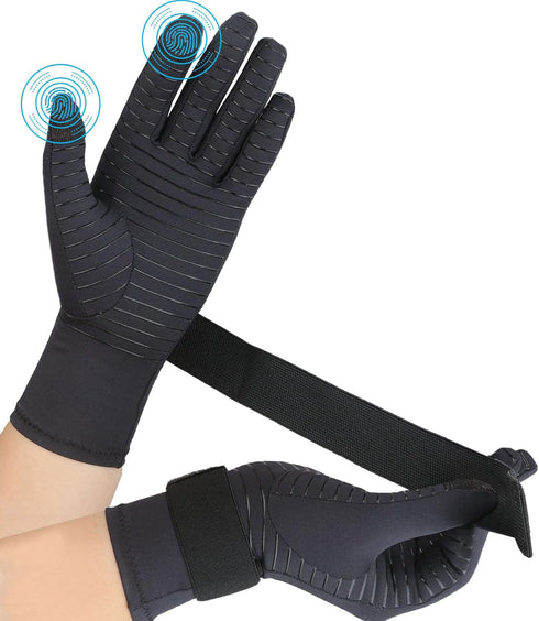 Copper Arthritis Gloves with Adjustable Wrist Strap for Men and Women, Full Finger Compression Gloves for Pain Relief