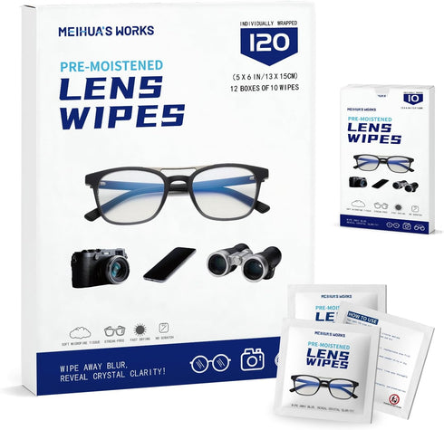 MEIHUA'S WORKS Third-Generation Lens Wipes, 120 Count, Individually Wrapped Pre-Moistened Cleaning Wipes for Eye