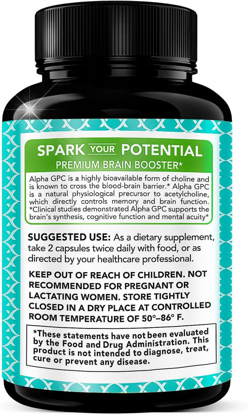 Alpha GPC Choline Supplement 600mg - Highly Purified Source of Choline, 180 Veggie Capsules for Cognitive Enhancement