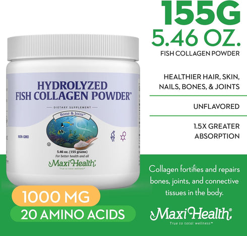Maxi Health Collagen Peptides Powder, Type I Unflavored Marine Powder Collagen for Joints, Skin, Hair & Nails (5.46 oz)