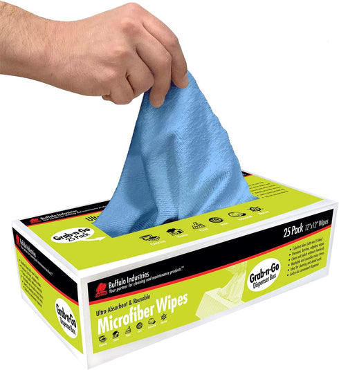 Microfiber Cleaning Cloths, 25 Pack Dispenser Box, Lint-Free Rags, 12" x 12", Colorfast Blue, Clean & Polish Wipes