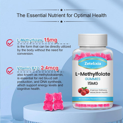 2 Pack L-Methylfolate 15mg Gummies - Folate & Vitamin B12 Supplement for Adult Brain & Mood Support, Non-GMO, Vegan,