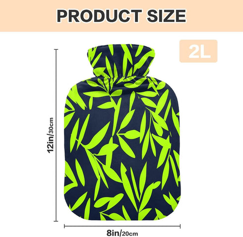 miaozhen 2L Neon Green Leaf Dark Blue hot Water Bottle with Soft Cover Warm Water Bottle for Bed for Menstrual Cramps