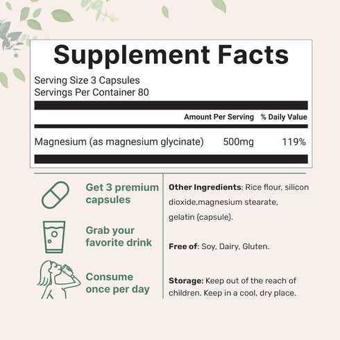 Magnesium Glycinate 500mg, 240 Capsules, 100% Chelated for Max Absorption, Support for Sleep, Muscle & Heart Health