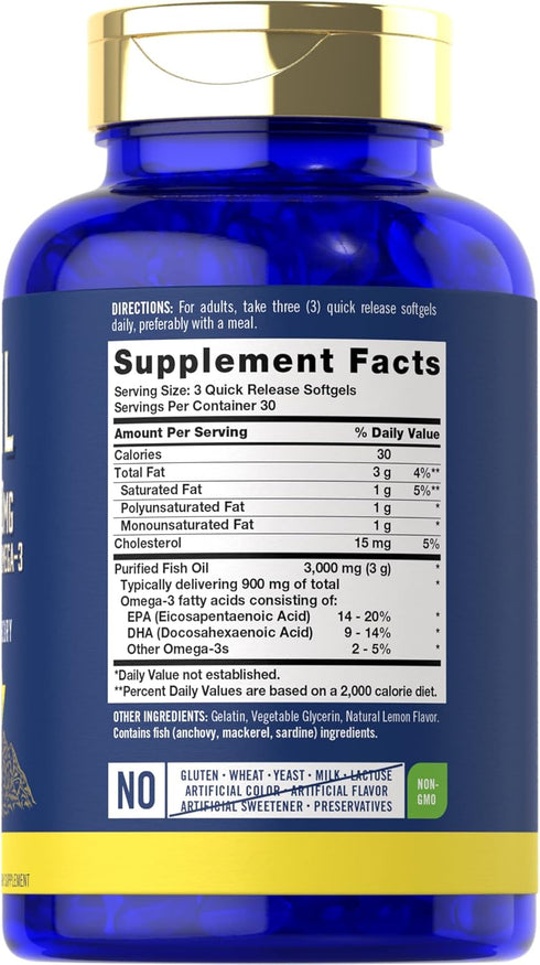 Carlyle Fish Oil 3000mg | 900mg Omega 3 | 90 Softgels | Lemon Flavor | Non-GMO and Gluten Free Supplement