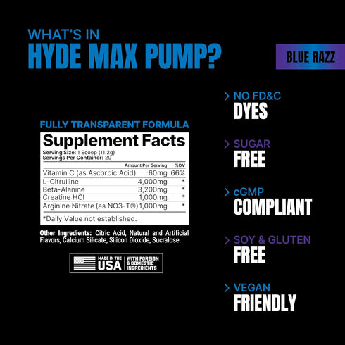 PROSUPPS Hyde Max Pump Pre Workout for Men and Women, Nitric Oxide Supplement for Pump and Endurance, 20 Servings
