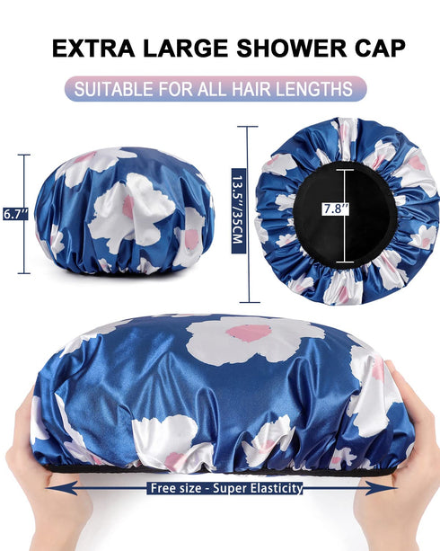 YIZIJIZI Terry Lined Shower Cap, Triple Layer Large Reusable Waterproof Cap for Long Thick Hair, Blue