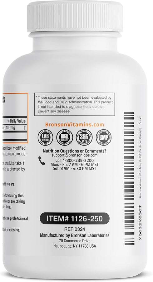 K2 MK-7 100 250 Bronson Vitamin as Menaquinone mcg Non-GMO, Capsules