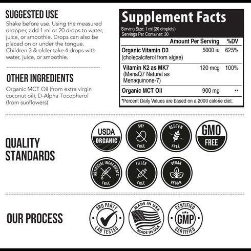 Organic Plant D3 + K2 (5000 iu D3) - 100% Organic & Plant-Based Sublingual D3 Drops (1oz)