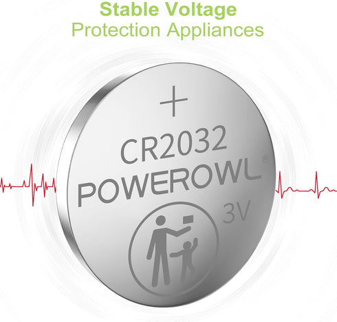 POWEROWL High Capacity CR2032 Battery (20-Pack) 3V Lithium Batteries, 10 Years Leak-Free