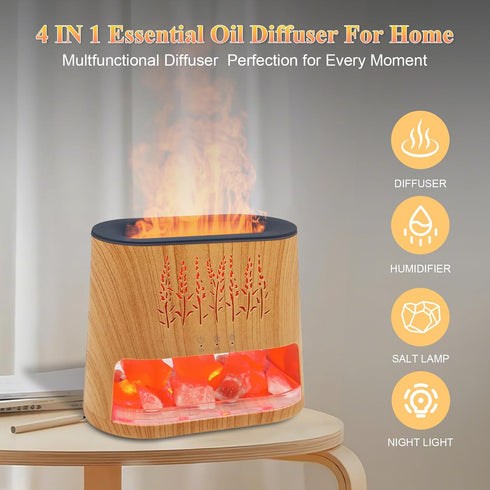Walve 8 Fireplace Flame Diffuser & Himalayan Salt Lamp, Colors Aromatherapy Diffuser Cool Mist Humidifier with Timer