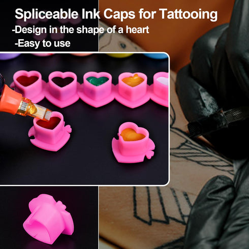 200PCS Heart Shaped Tattoo Ink Caps, Disposable Plastic Ink Cups with Base for Tattooing and Permanent Makeup