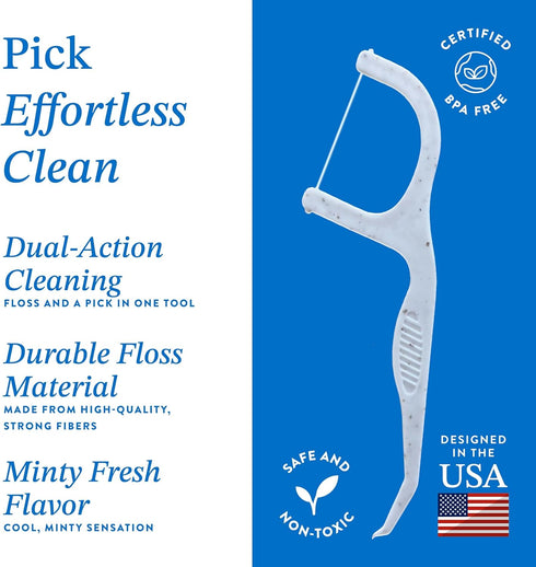Mint Flavored Dental Floss Picks, Planet-Friendly Wheat Straw Tooth Flossers, Reusable Compostable (200 Count)